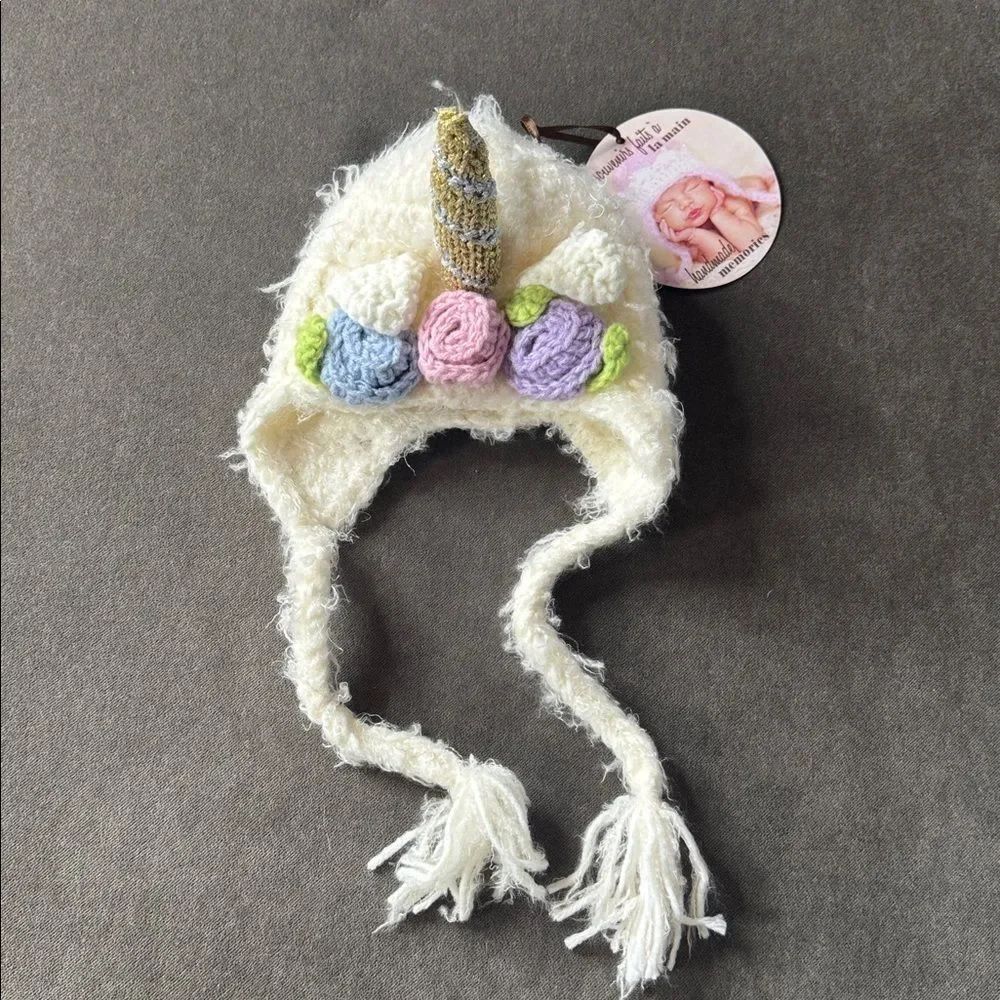 Daisy Baby Girls Infant Unicorn Beanie Hat White with Flowers 0-6 month NWT